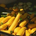 Crate of fresh zucchini and green peppers at a market